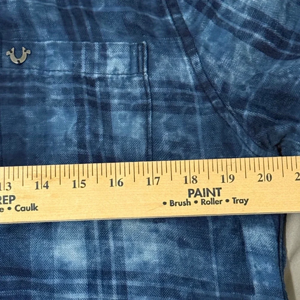 True Religion Mens Slim Fit Acid Wash Plaid Short Sleeve Button Down Shirt Large